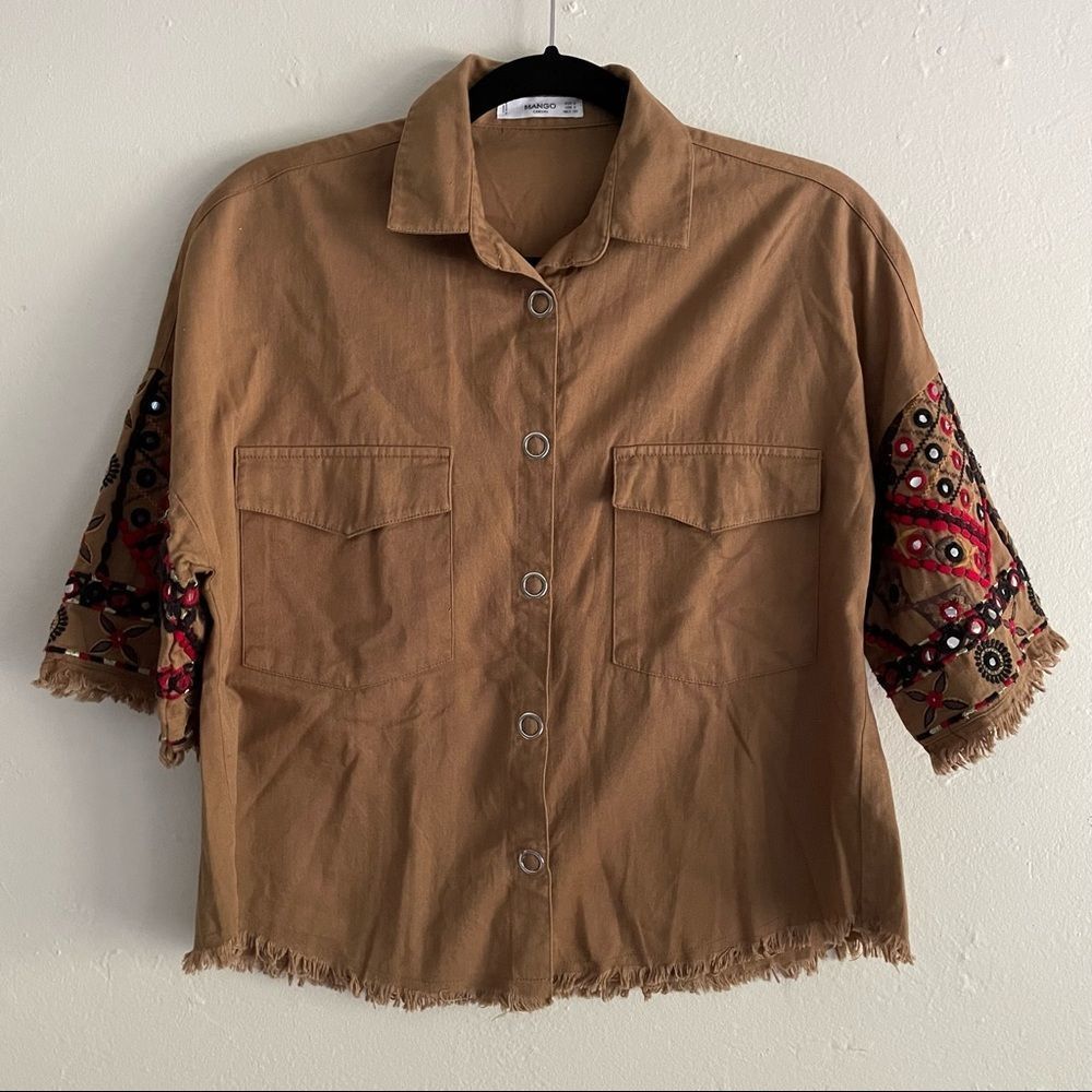 NWOT MANGO Casual Brown Cropped Embroidered Shirt - Picture 3 of 7